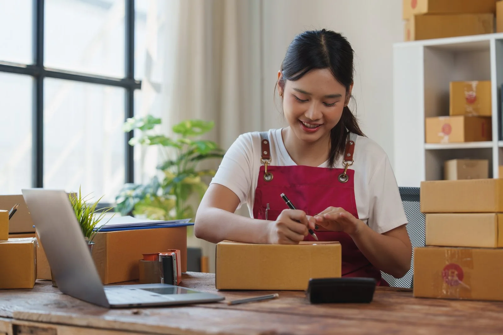 Unternehmerin beschriftet einen Versandkarton im Homeoffice